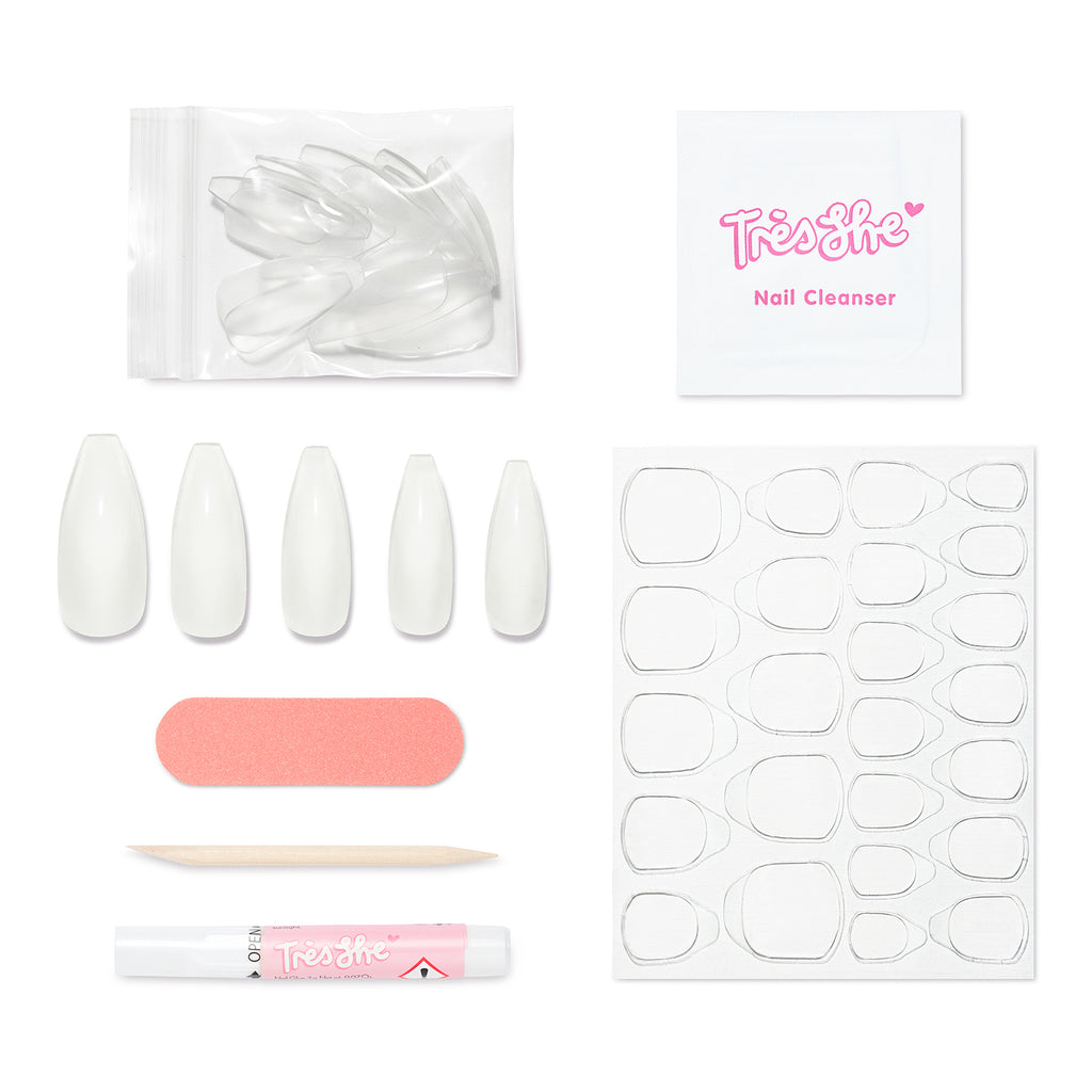 Tres She instant acrylic press on nails in clear long tapered ballerina and application kit included