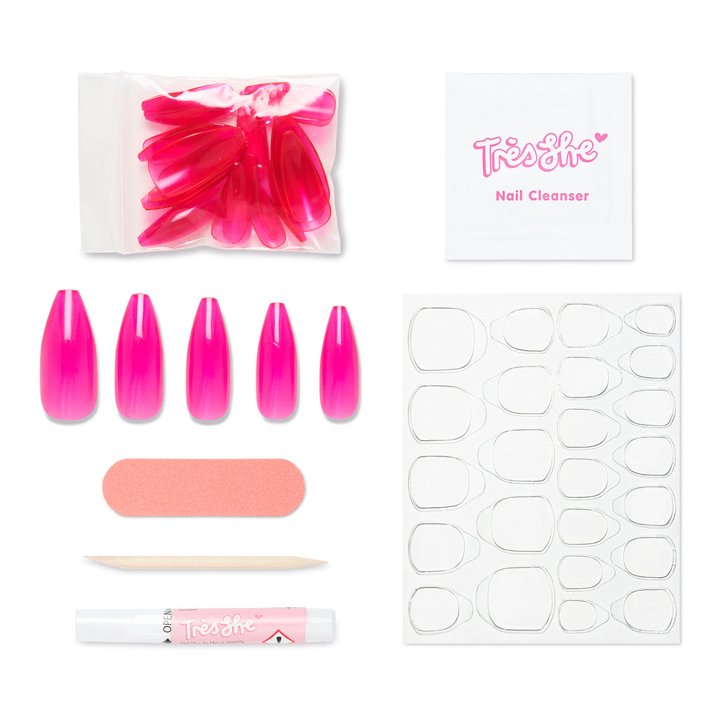 Tres She instant acrylic press on nails in hot pink sheer jelly long tapered ballerina shape and application kit included
