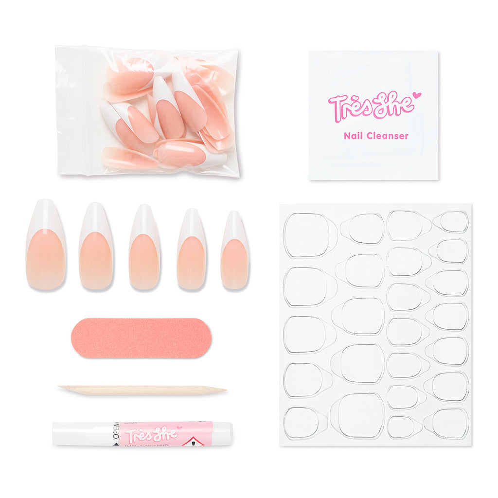 Tres She instant acrylic press on nails classic French tips in long tapered ballerina shape and application kit included
