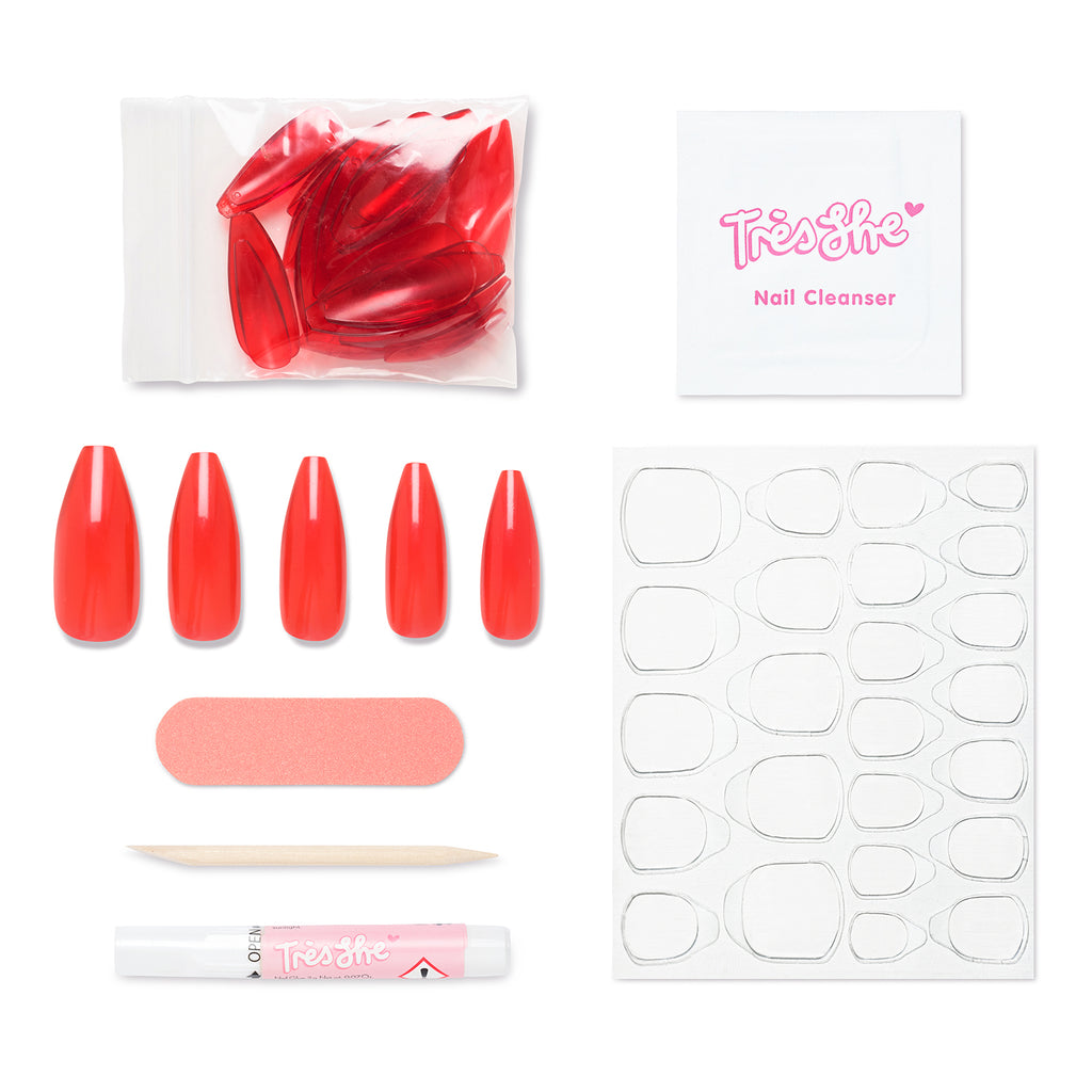 Tres She instant acrylic press on nails classic red sheer jelly in long tapered ballerina shape and application kit included