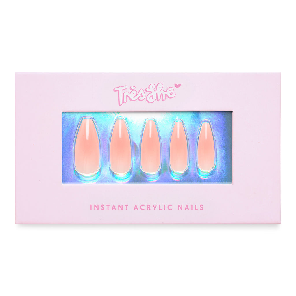 Tres She instant acrylic press on nails in peachy nude sheer jelly long tapered ballerina shape