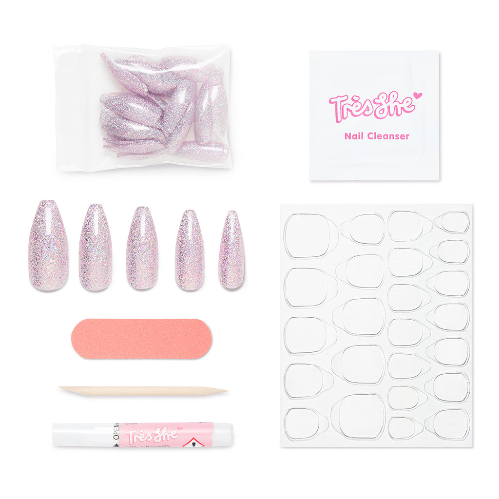 Tres She instant acrylic press on nails in lilac holographic glitter long tapered ballerina shape and application kit included