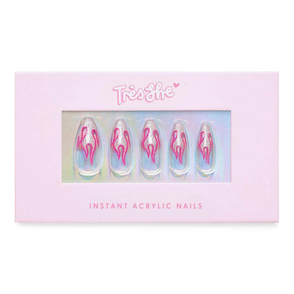 Tres She instant acrylic press on nails holographic glitter and hot pink flames on a clear nail in long tapered ballerina shape
