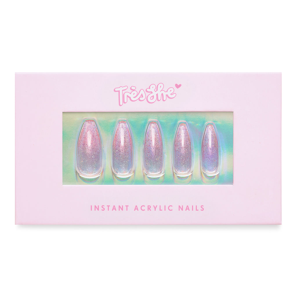 Tres She instant acrylic press on nails in baby pink sheer jelly with holographic glitter in long tapered ballerina