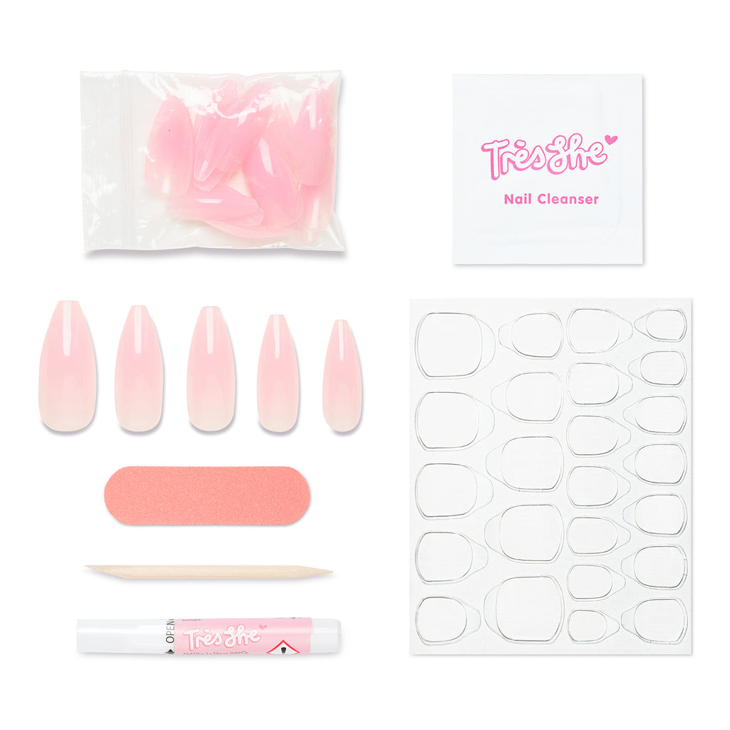 Tres She instant acrylic press on nails in sheer baby pink jelly long tapered ballerina shape and application kit included