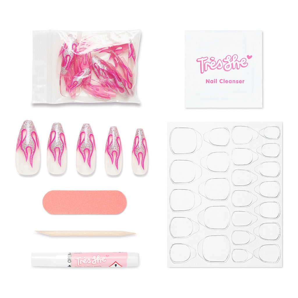 Tres She instant acrylic press on nails holographic glitter and hot pink flames on a clear nail in long tapered ballerina shape and application kit included