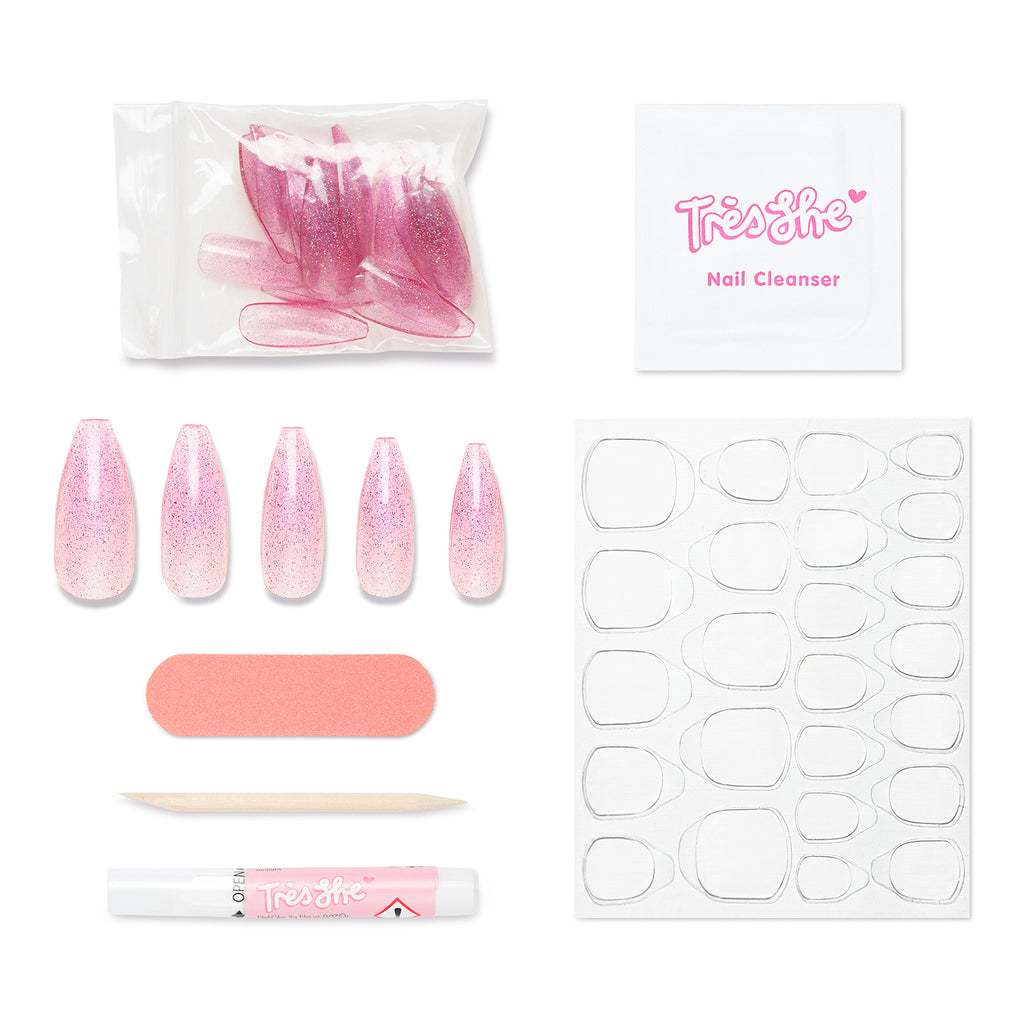 Tres She instant acrylic press on nails in baby pink sheer jelly with holographic glitter in long tapered ballerina and application kit included