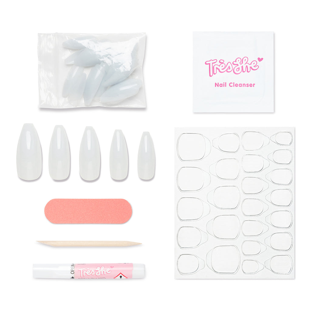 Tres She instant acrylic press on nails in sheer milky white jelly long tapered ballerina shape and application kit included