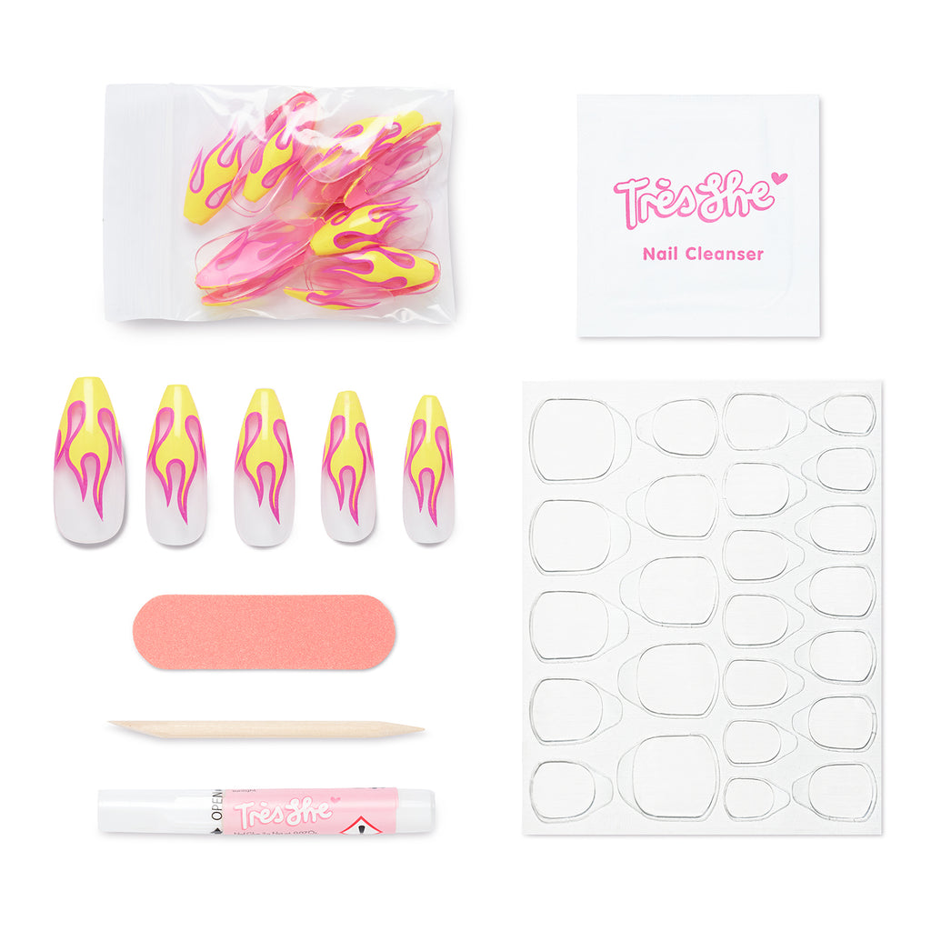 Tres She instant acrylic press on nails neon yellow and hot pink flames on a clear nail in long tapered ballerina shape and application kit included