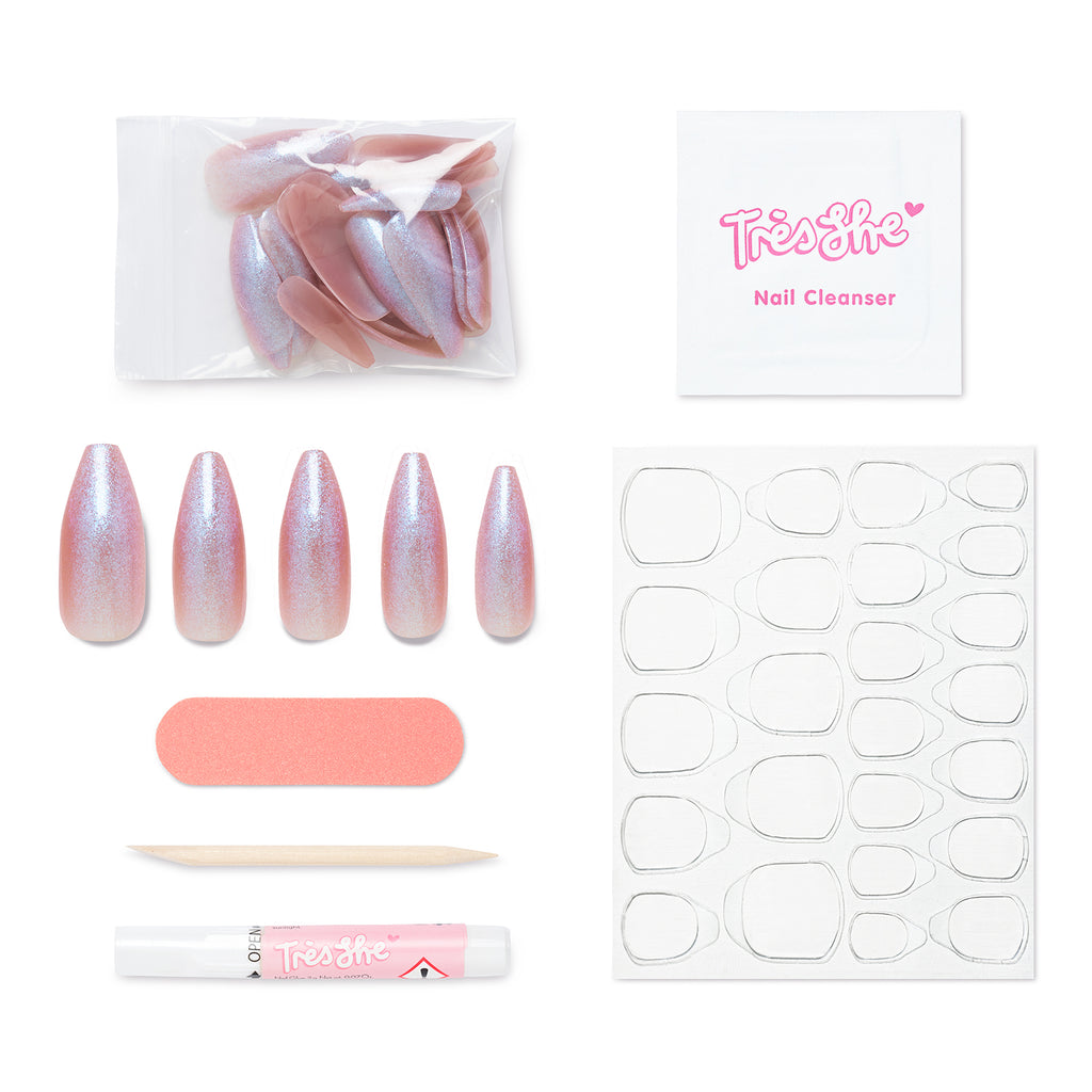 Tres She instant acrylic press on nails nude with iridescent shimmer top coat long tapered ballerina shape and application kit included