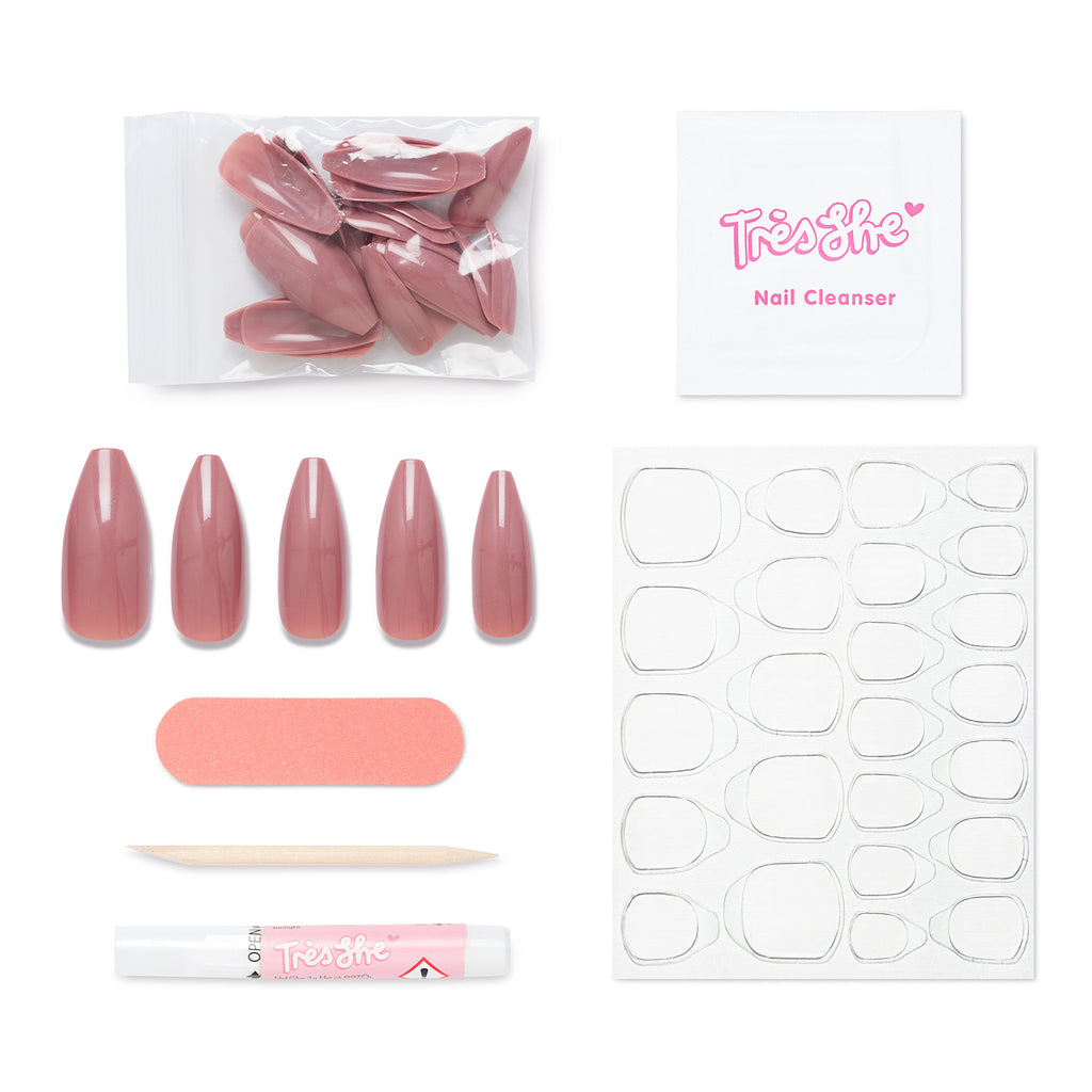 Tres She instant acrylic press on nails in universal nude long tapered ballerina shape and application kit included