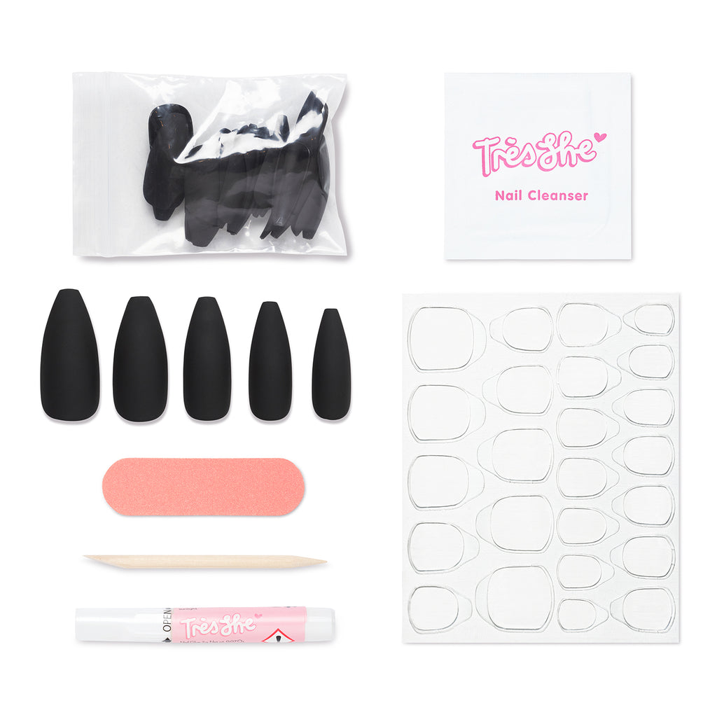 Tres She Instant Acrylic matte black press on nails in long tapered ballerina shape and application kit included