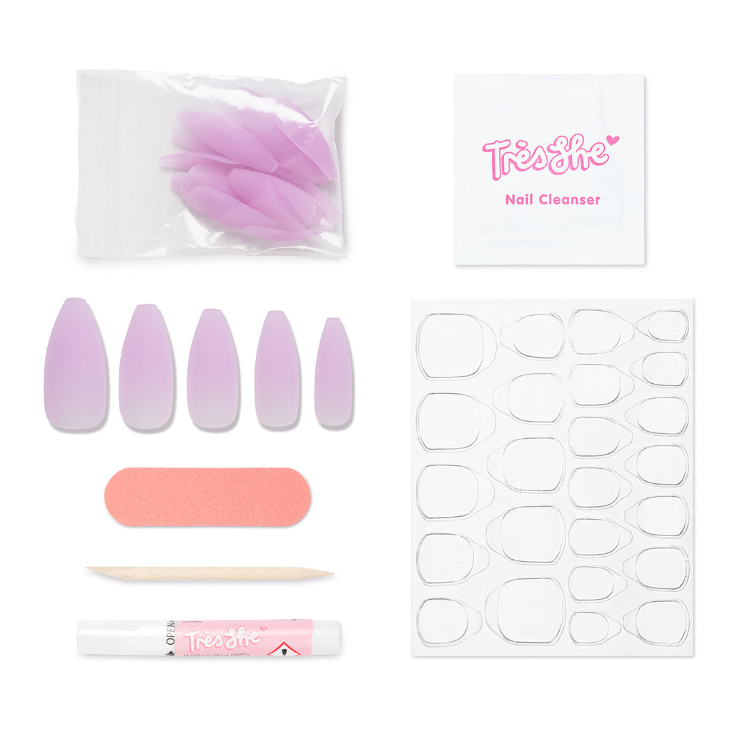 Tres She instant acrylic press on nails in matte lilac jelly long tapered ballerina shape and application kit included