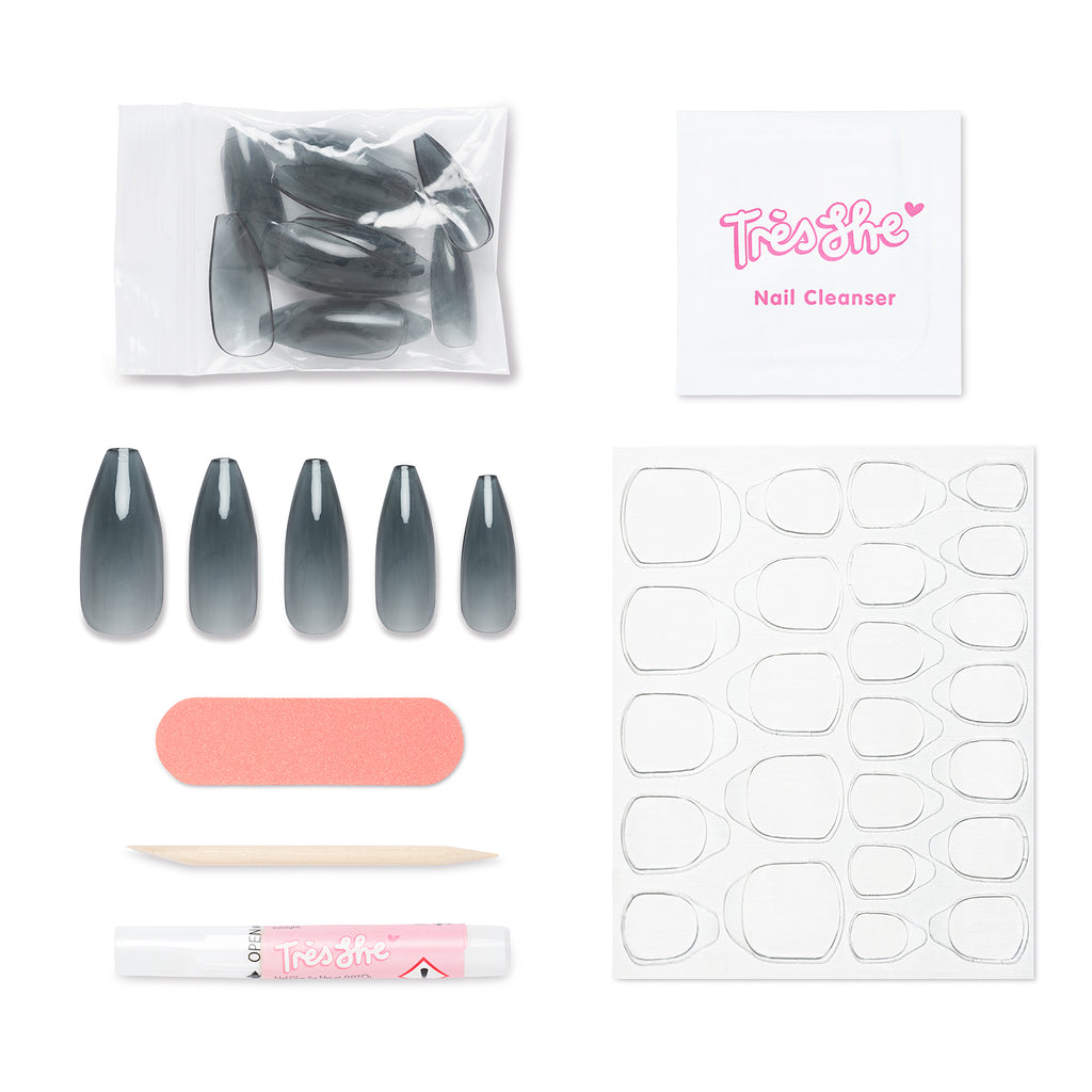 Tres She instant acrylic press on nails in smokey black jelly long tapered ballerina shape and application kit included