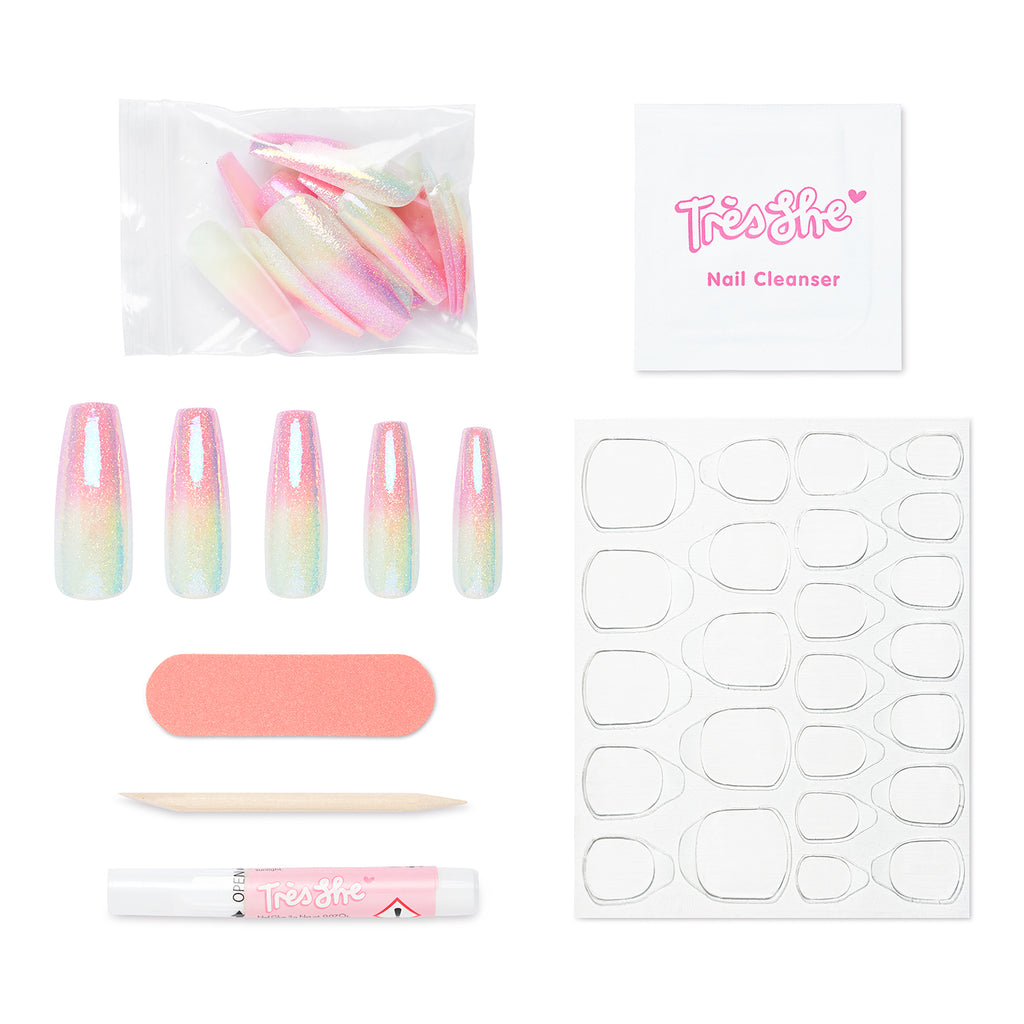 Tres She instant acrylic press on nails ombre green yellow and pink with iridescent glitter top coat in ultra long coffin shape and application kit