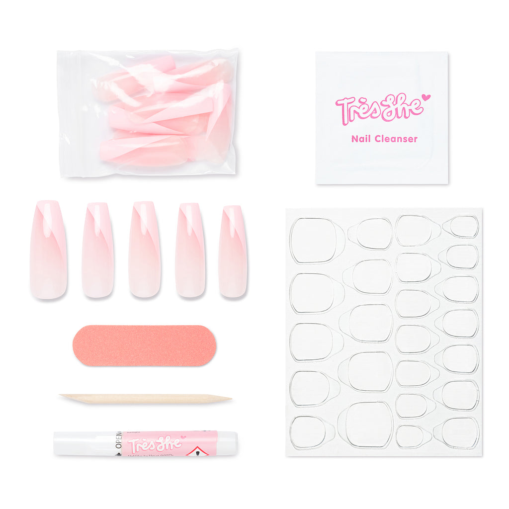 Tres She instant acrylic press on nails baby pink jelly with side tip in pink ultra long coffin shape and application kit included