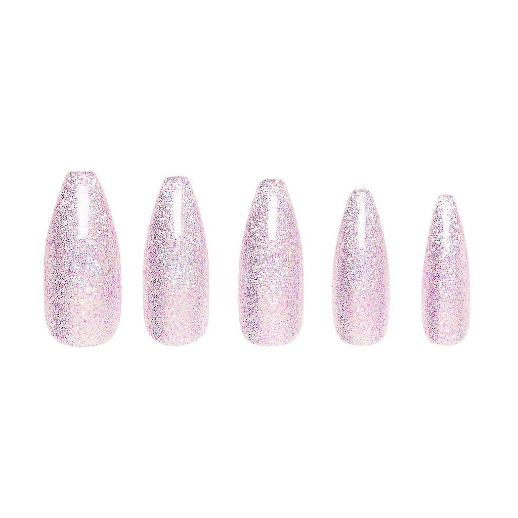 Tres She instant acrylic press on nails in lilac holographic glitter long tapered ballerina shape