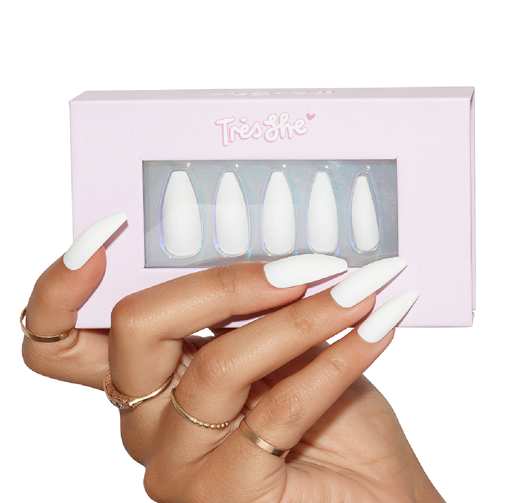 Tres She Instant Acrylic press on nails in matte white tapered ballerina shape