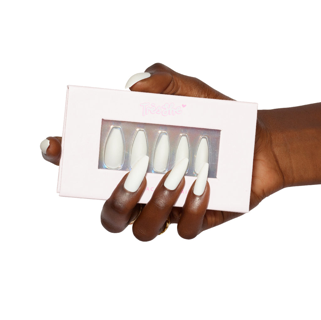 Tres She Instant Acrylic press on nails in matte white tapered ballerina shape