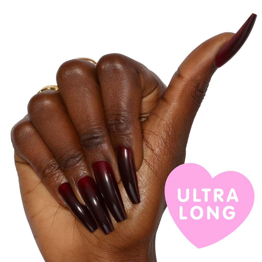 Tres She instant acrylic press on nails in deep burgundy red jelly extra long coffin shape
