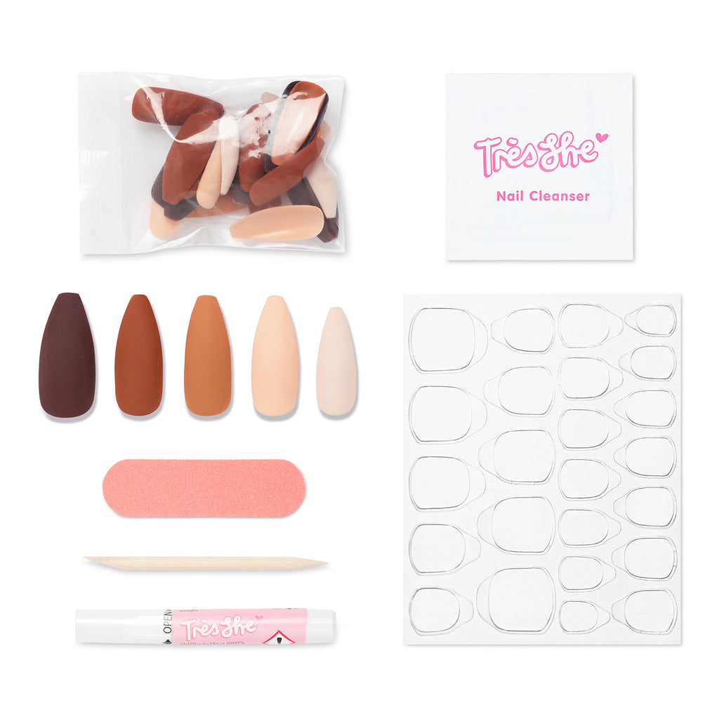 Tres She instant acrylic press on nails in matte brown graduated shades long tapered ballerina shape and application kit included