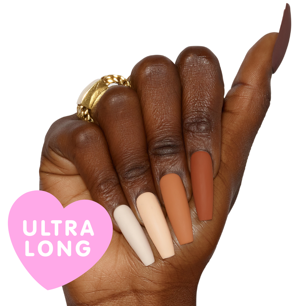 Tres She instant acrylic press on nails in matte brown graduated shades extra long coffin shape