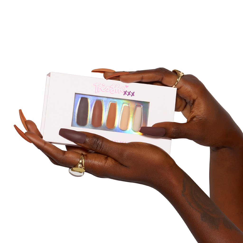 Tres She instant acrylic press on nails in matte brown graduated shades extra long coffin shape