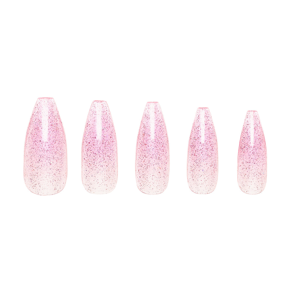 Tres She instant acrylic press on nails in baby pink sheer jelly with holographic glitter in long tapered ballerina