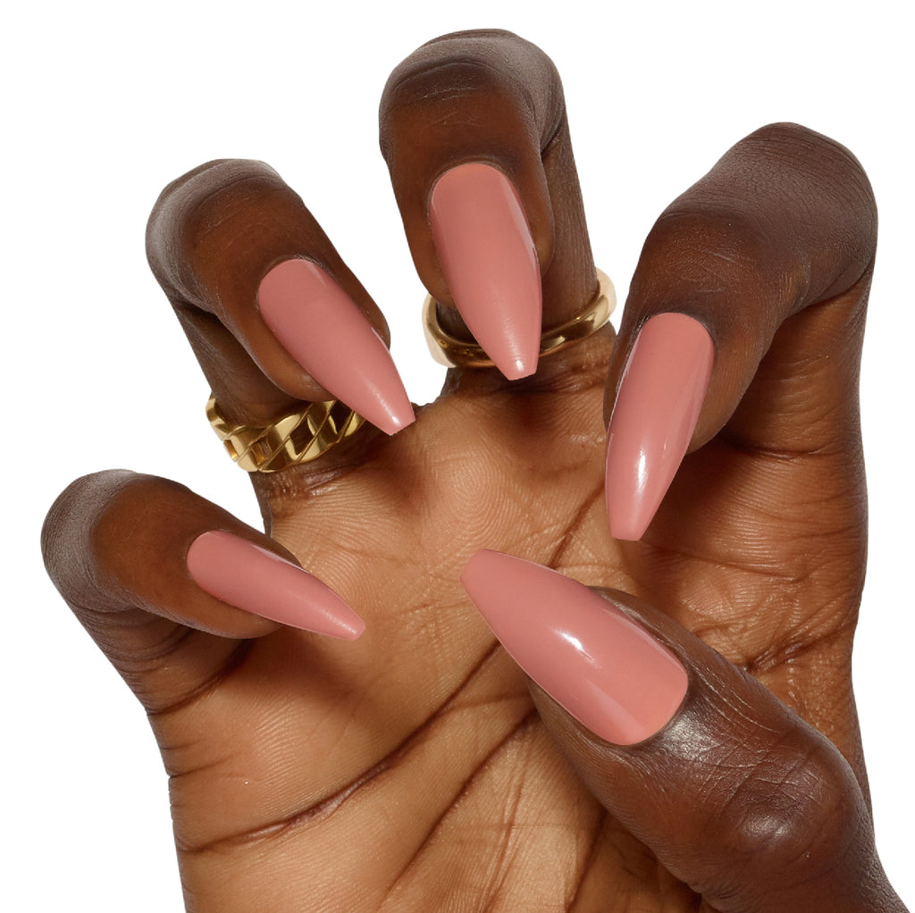 Tres She instant acrylic press on nails in universal nude long tapered ballerina shape