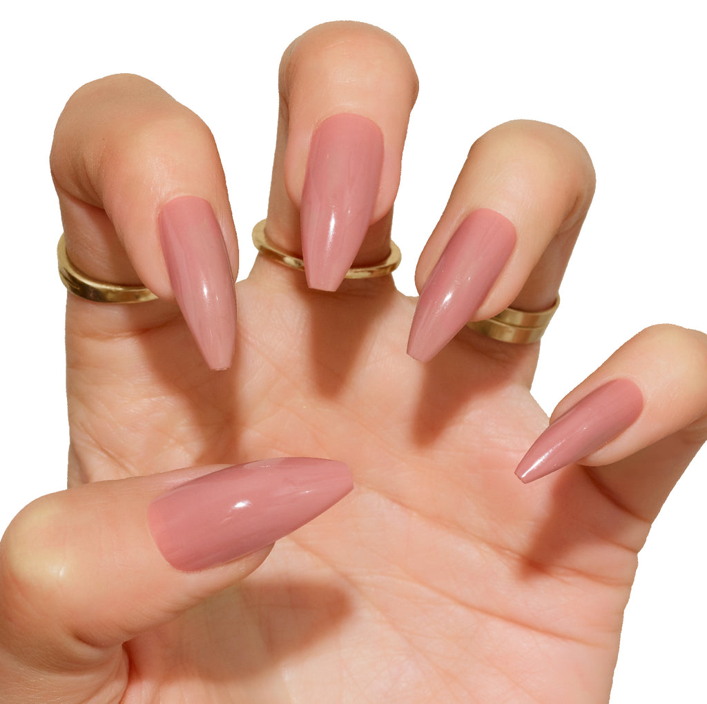 Tres She instant acrylic press on nails in universal nude long tapered ballerina shape