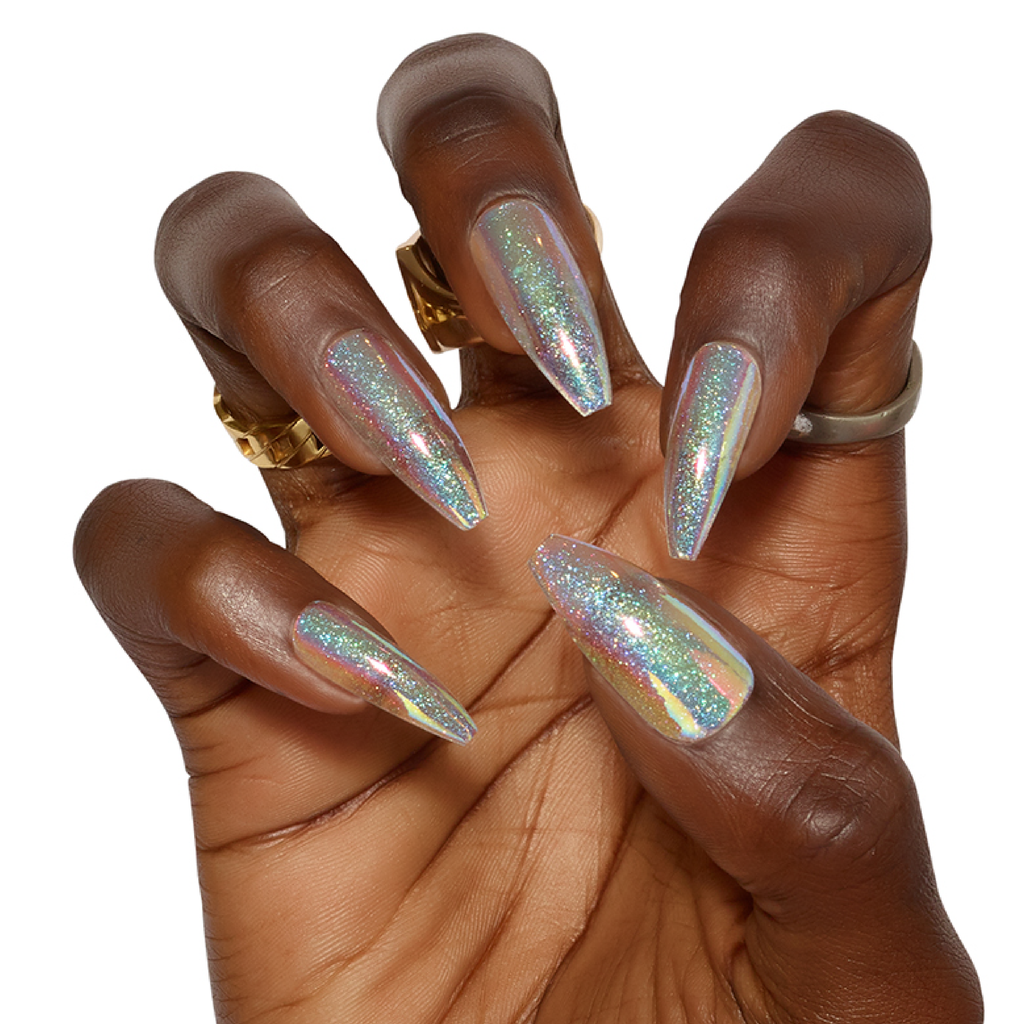 Tres She instant acrylic press on nails in holographic and iridescent glitter sheer jelly long tapered ballerina shape