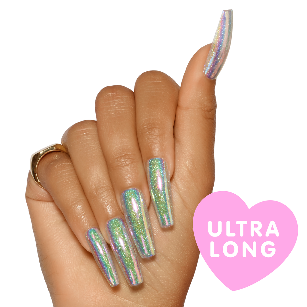 Tres She instant acrylic press on nails in holographic and iridescent glitter sheer jelly ultra long coffin shape