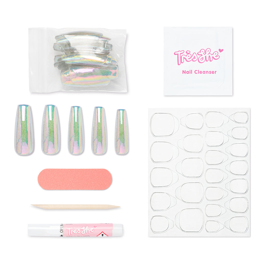 Tres She instant acrylic press on nails in holographic and iridescent glitter sheer jelly ultra long coffin shape and application kit included