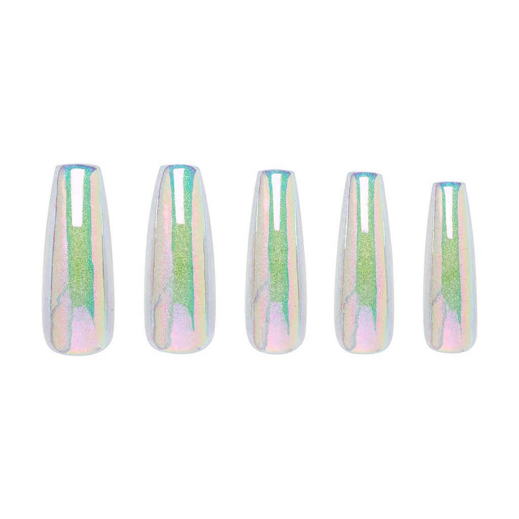 Tres She instant acrylic press on nails in holographic and iridescent glitter sheer jelly ultra long coffin shape
