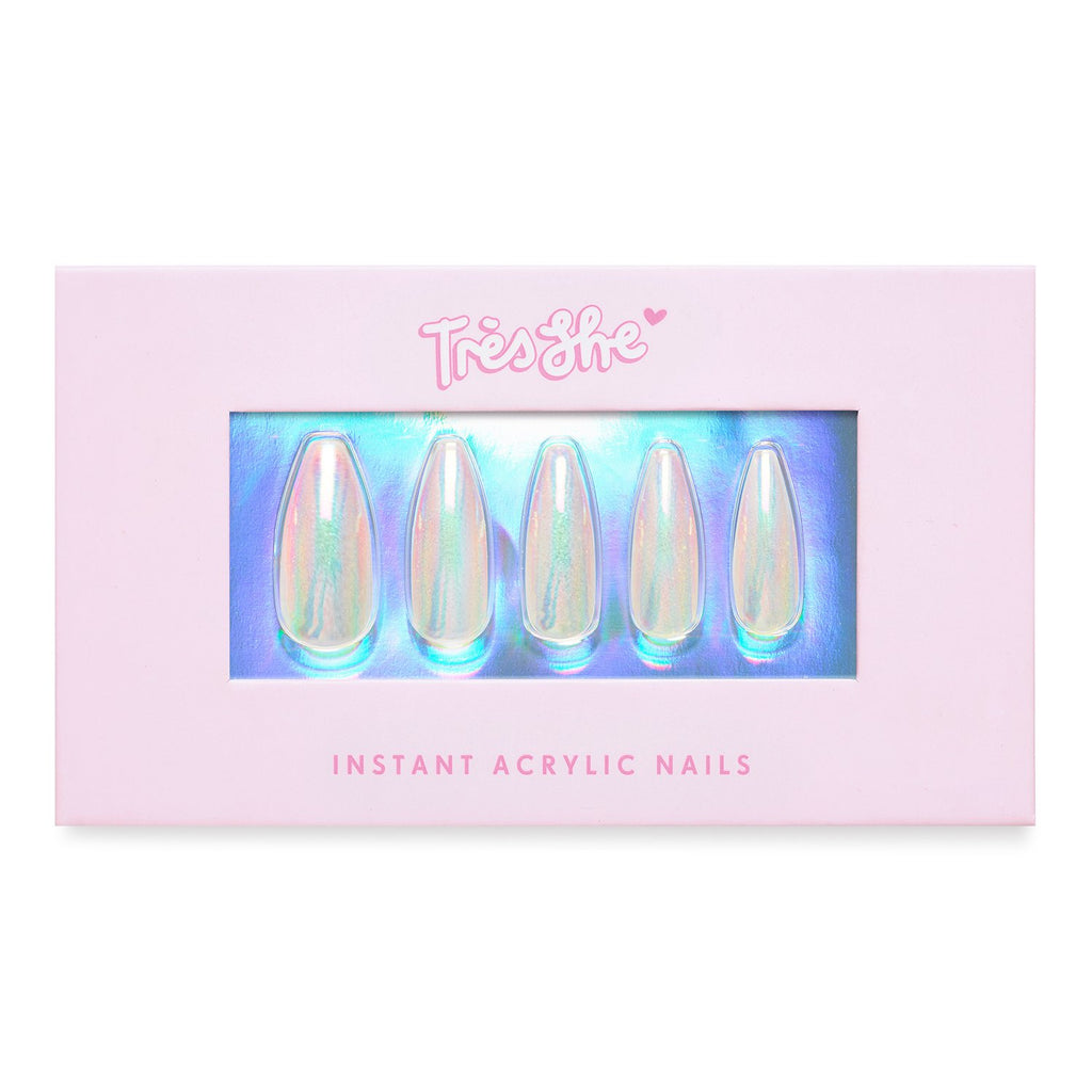Tres She instant acrylic press on nails in holographic and iridescent glitter sheer jelly long tapered ballerina shape