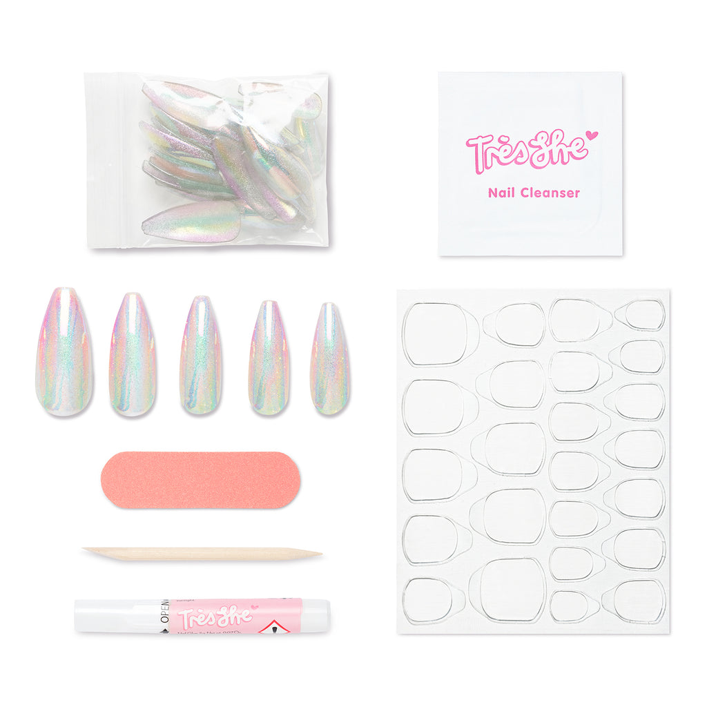 Pack contents of Tres She press on nails in Stripper Heels and application kit included
