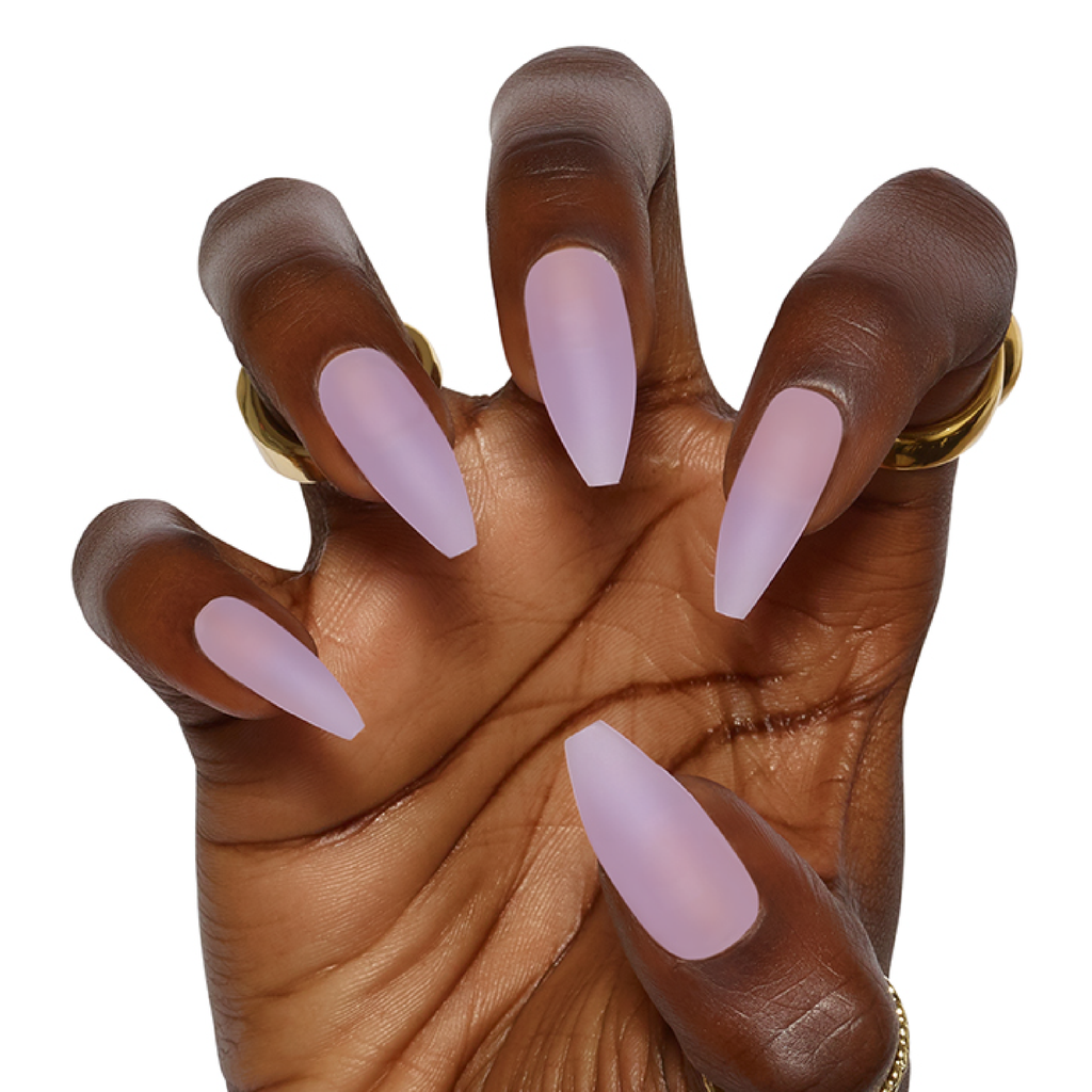 Tres She instant acrylic press on nails in matte lilac jelly long tapered ballerina shape