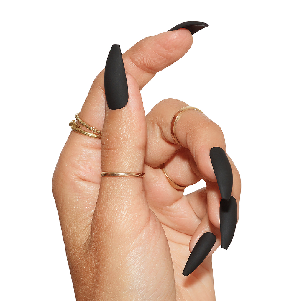 Tres She Instant Acrylic matte black press on nails in long tapered ballerina shape
