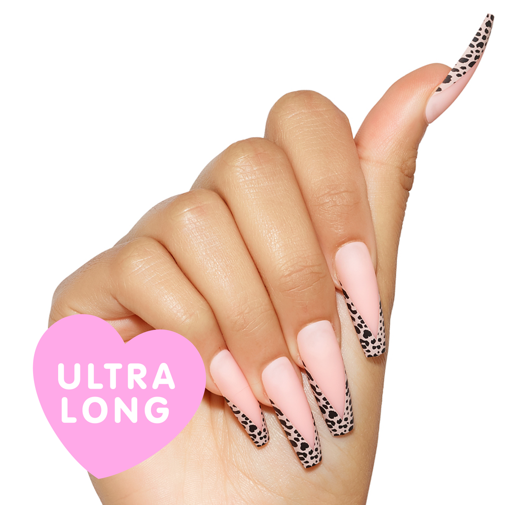 Tres She Instant Acrylic matte nude with leopard v tip press on nails in ultra long coffin shape