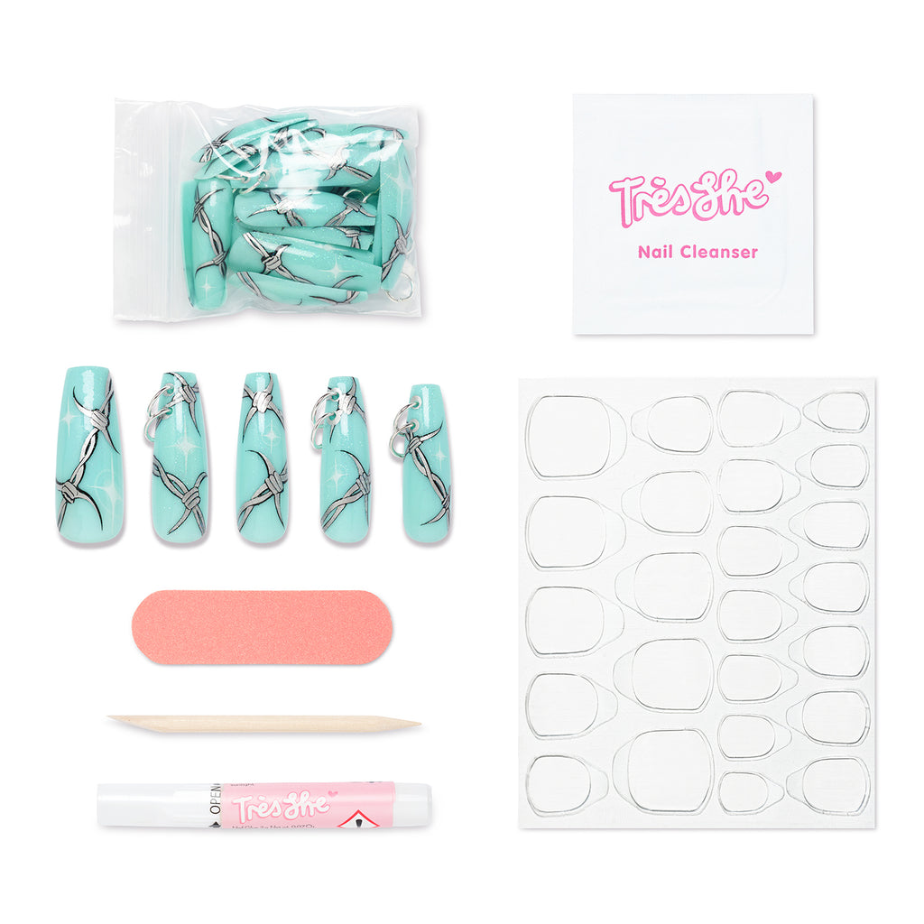 Tres She instant acrylics baby blue and barbed wire nail art by Krocaine in ultra long coffin shape and application kit