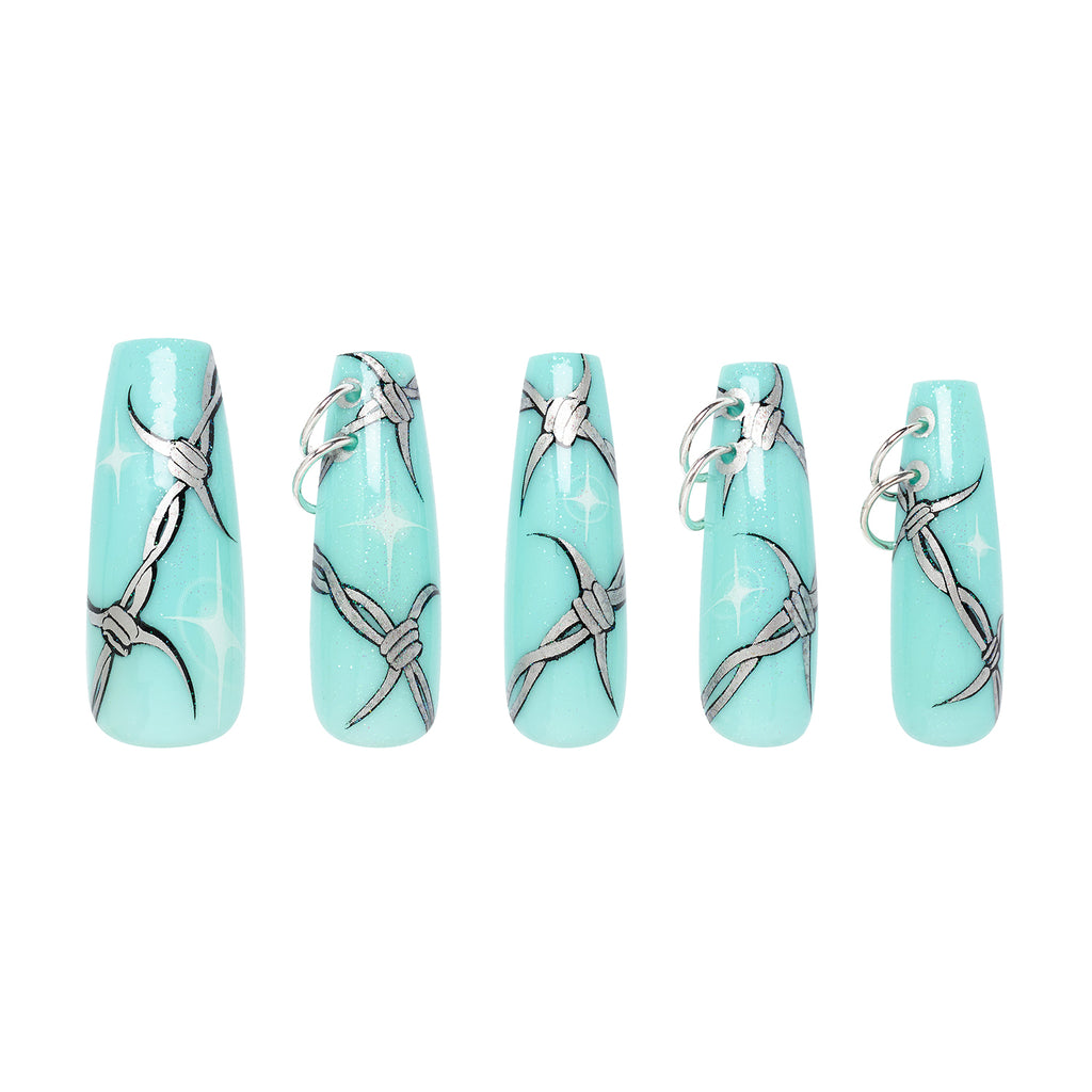 Tres She instant acrylics baby blue and barbed wire nail art by Krocaine in ultra long coffin shape