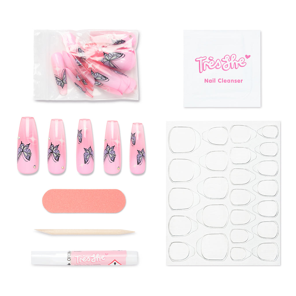 Tres She instant acrylics baby pink jelly with butterfly nail art by Krocaine in ultra long coffin shape and application kit included