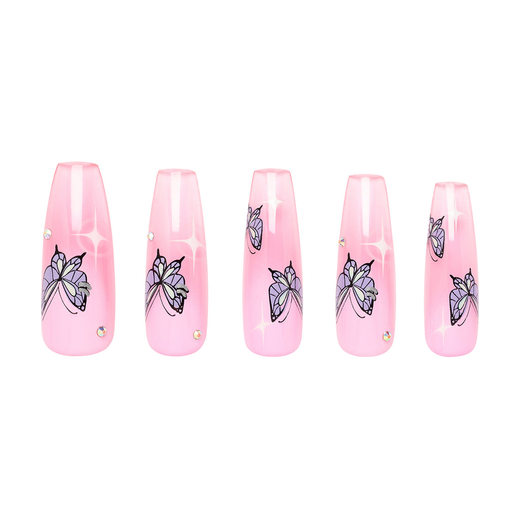 Tres She instant acrylics baby pink jelly with butterfly nail art by Krocaine in ultra long coffin shape