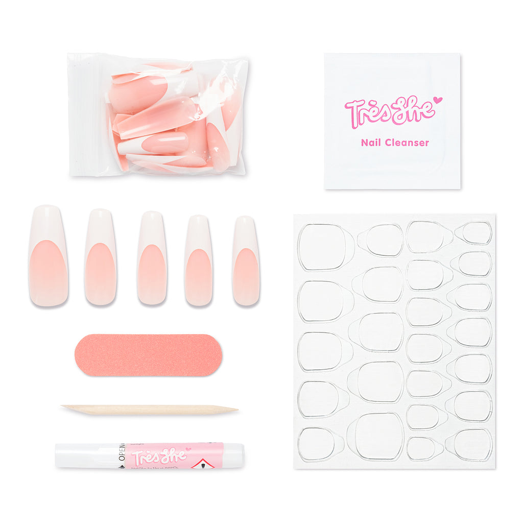 Tres She instant acrylic press on nails classic French tips in ultra long coffin shape and application kit included