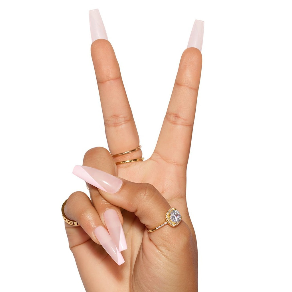 Tres She instant acrylic press on nails baby pink jelly with side tip in pink ultra long coffin shape