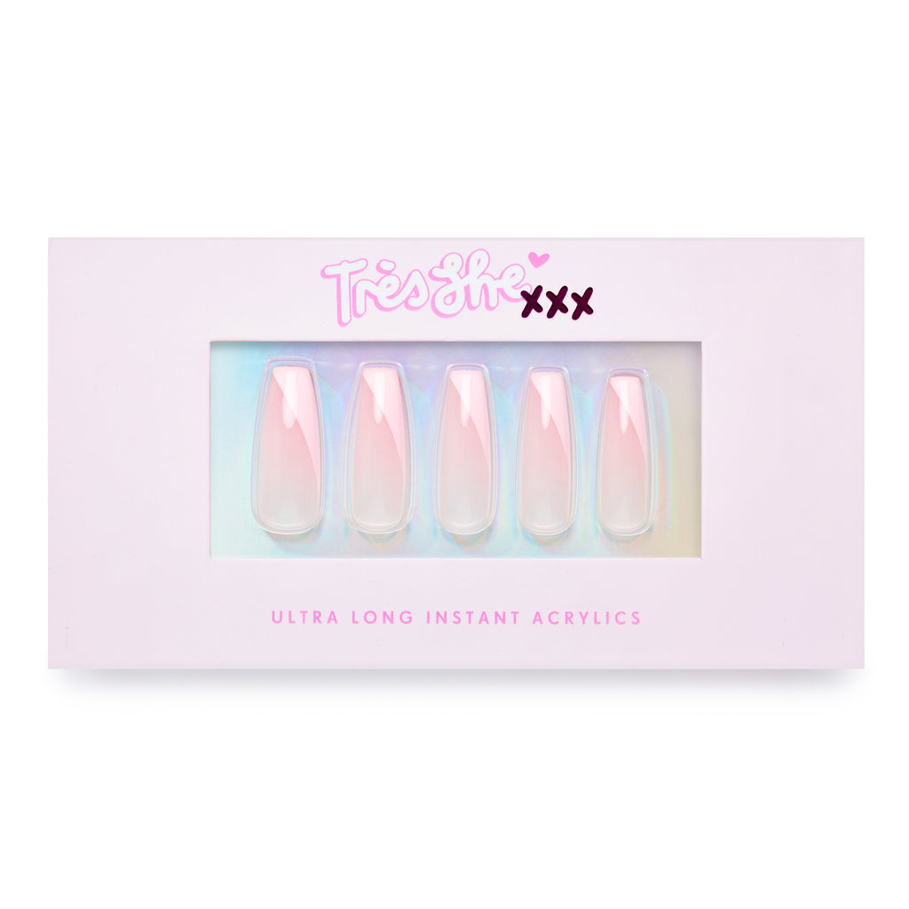 Tres She instant acrylic press on nails baby pink jelly with side tip in pink ultra long coffin shape