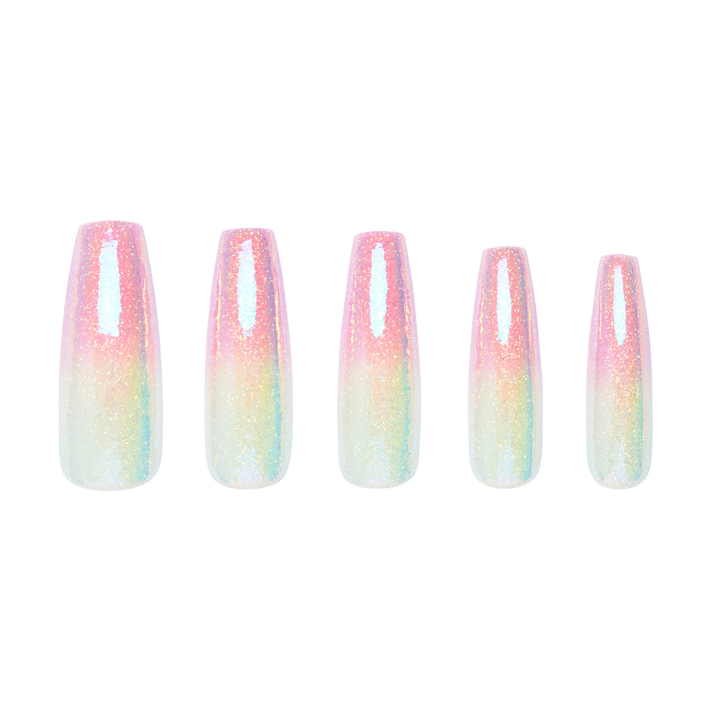 Tres She instant acrylic press on nails ombre green yellow and pink with iridescent glitter top coat in ultra long coffin shape