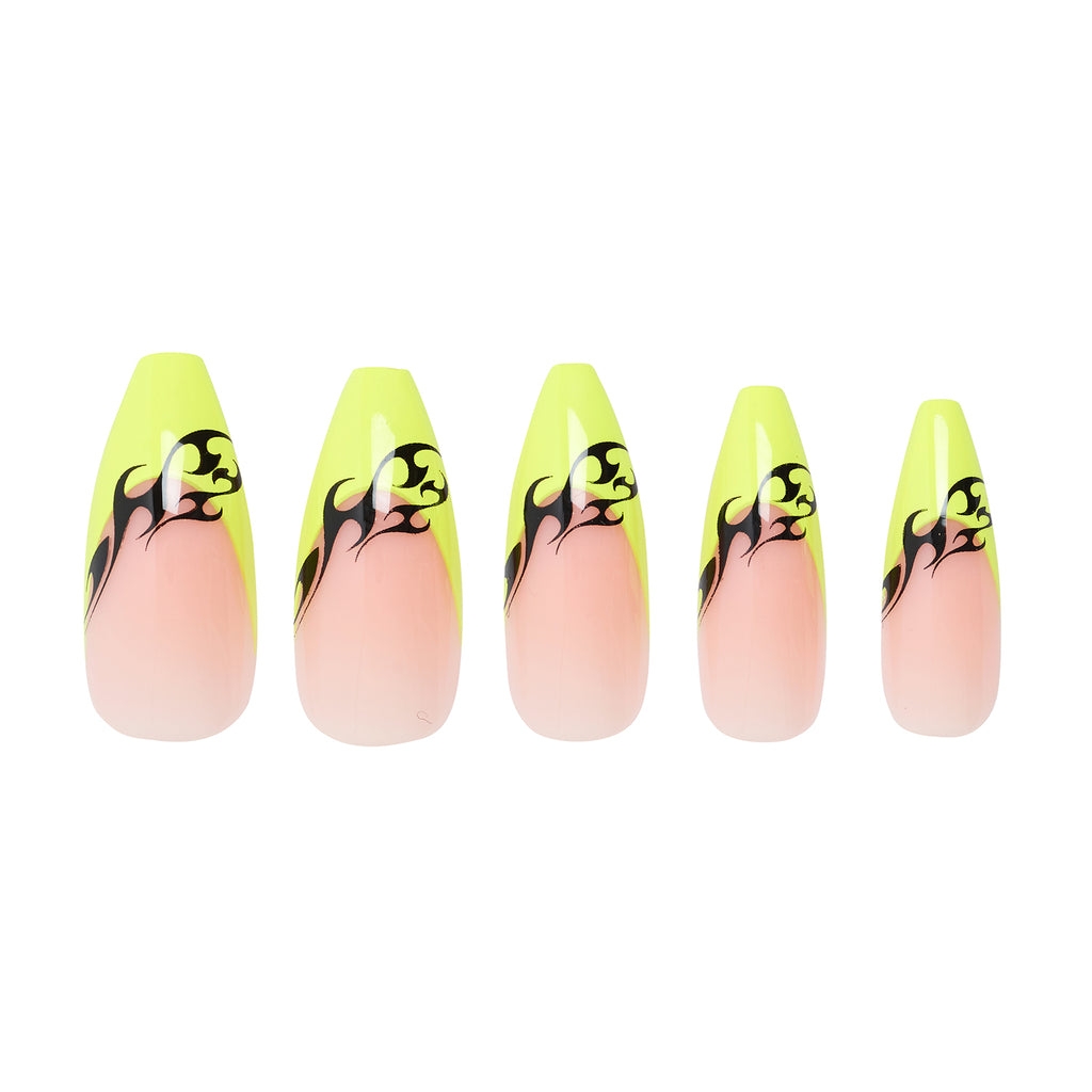 Tres She instant acrylic press on nails in neon yellow French tips with tattoo print long tapered ballerina shape