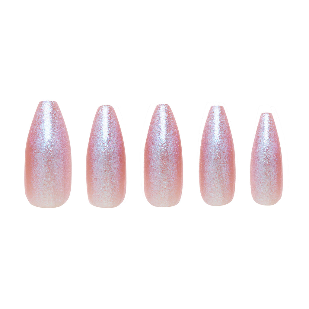 Tres She instant acrylic press on nails nude with iridescent shimmer top coat long tapered ballerina shape