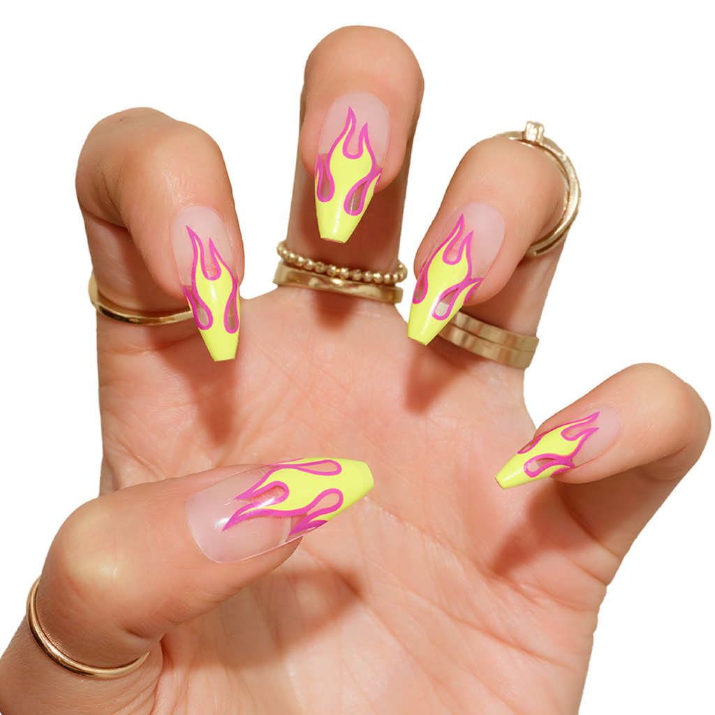 Tres She instant acrylic press on nails neon yellow and hot pink flames on a clear nail in long tapered ballerina shape